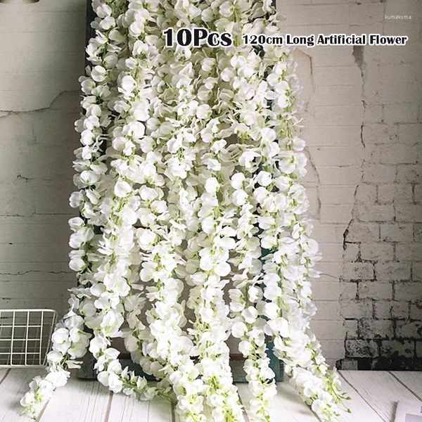 Flores decorativas 10 Unids Simulación Wisteria Rota Flor de Seda Blanca Hortensia Guirnalda Colgante Cumpleaños Fiesta de Bodas Fondo de Pared