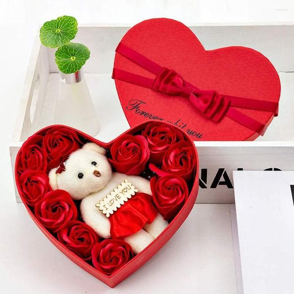 Flores decorativas 10 piezas Jabón Rosa Oso en forma de corazón Caja de regalo San Valentín Boda romántica Fiesta Flor para novia Esposa