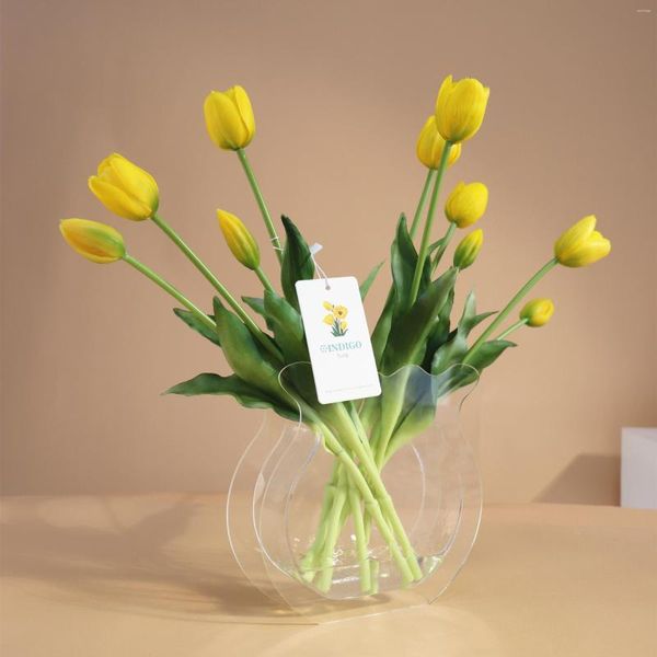 Flores decorativas 10PCS Florero de acrílico de tulipán (1 juego) Pétalos de tacto real de silicona Calla Hogar Regalo de Pascua Flor artificial Decoración de bonsái