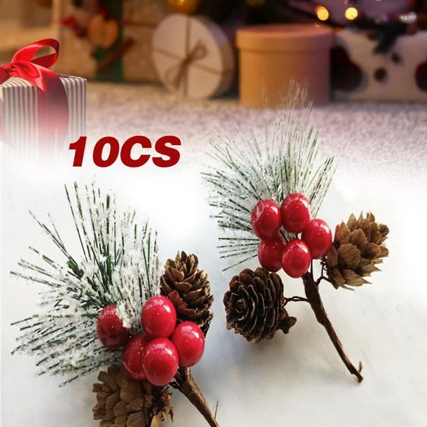 Fleurs décoratives 10x fleur artificielle rouge noël baie pomme de pin avec branches décoration de noël pour la maison décoration florale arrangement artisanal