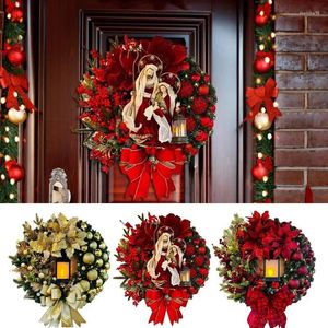 Fleurs décoratives 11,8 pouces Couronnes de Noël avec lumières LED Ferme Décorations d'hiver rustiques suspendues à la porte murale pour porte murale