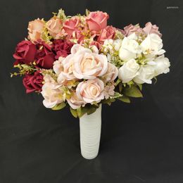 Decoratieve bloemen 11 hoofden kunstmatige polish roze bloemen boeketten simulatie zijden nep familie bruiloft feesttafel decoratie groene plant