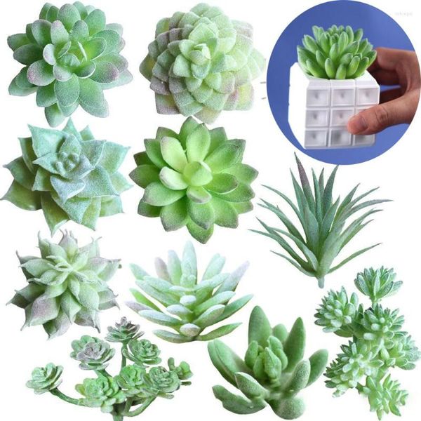 Flores decorativas 11 PCS / Set Estilo mixto Plantas suculentas artificiales verdes Maceta de hormigón para el jardín del hogar Escritorio falso Mini Bonsai pequeño