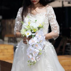 Flores decorativas 11 tipos que sostienen un ramo de boda de rosa natural artificial con cinta de satén de seda champán blanco dama de honor