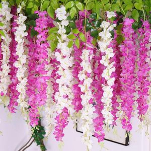 Flores decorativas 110 cm Wisteria artificial Decoración interior de la boda Planta de vid de plástico Flor Violeta Techo