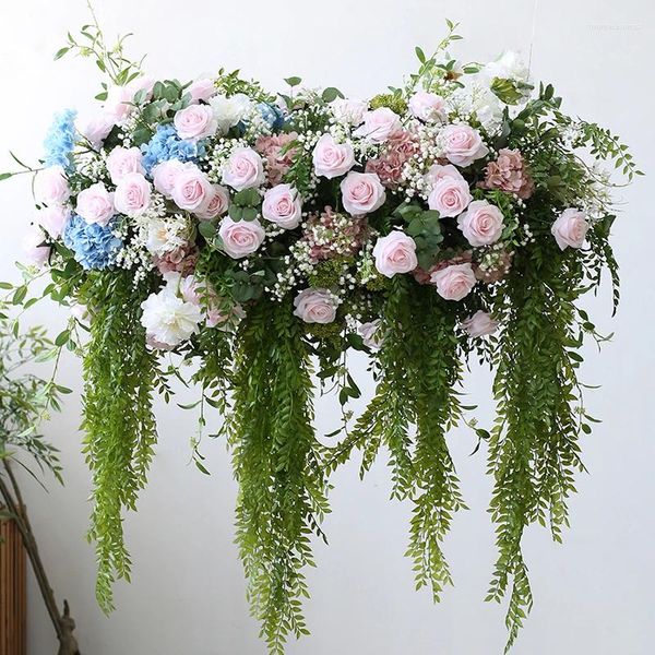 Flores decorativas Techo suspendido de 110 cm Rosa de una o dos caras Babybreath Willow Vine Floral Telón de fondo de boda Decoración Colgar fila de flores