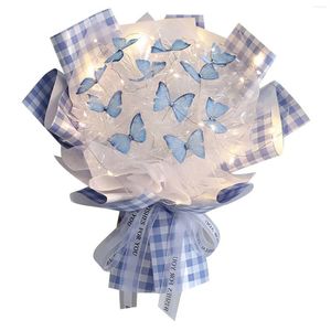 Fleurs décoratives 11pc Butterflies Flower Bouquet Gift Set avec LED Light pour la Saint-Valentin Anniversaire Anniversaire Engagement Bleu