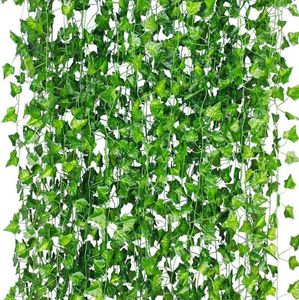 Flores decorativas 12/24/36 piezas verde hiedra hojas falsas guirnalda planta vid follaje decoración del hogar cuerda de mimbre de plástico pared plantas artificiales