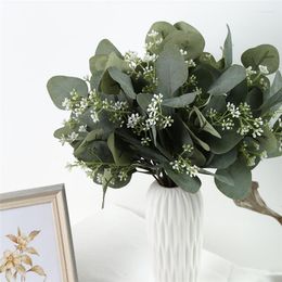 Flores decorativas, 12/24 piezas, tallos de hojas de eucalipto artificiales con semillas blancas, ramo de plantas verdes para decoración navideña