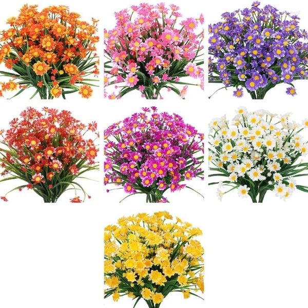 Flores decorativas 12 paquetes Artificiales 7 colores Daisías UV resistentes plástico falso para el jarrón interior al por mayor