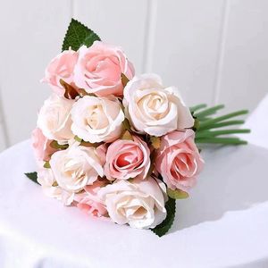 Flores decorativas 12 cabezas de hermosas rosas rayón pequeños ramos blancos decoración de la boda del partido de la casa falso