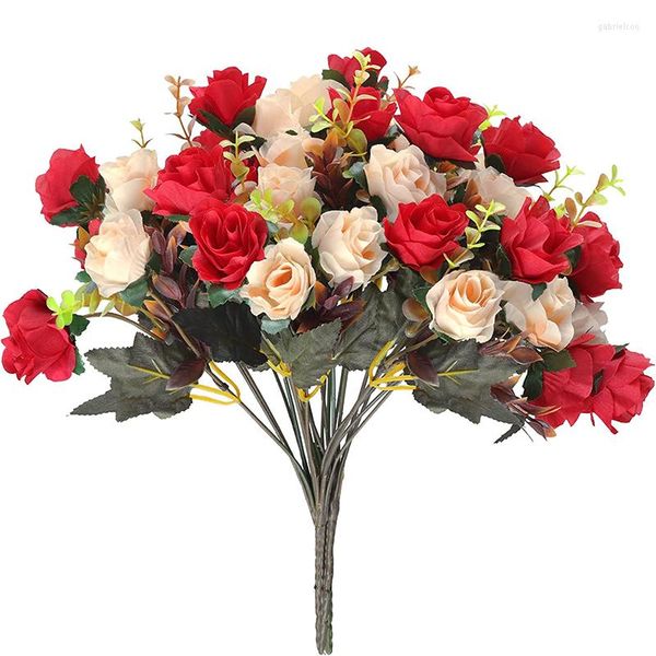 Fleurs décoratives 12 têtes Rose artificielle Faux deux couleurs avec tiges Faux Roses Bouquets de fleurs pour la décoration de fête de mariage à la maison