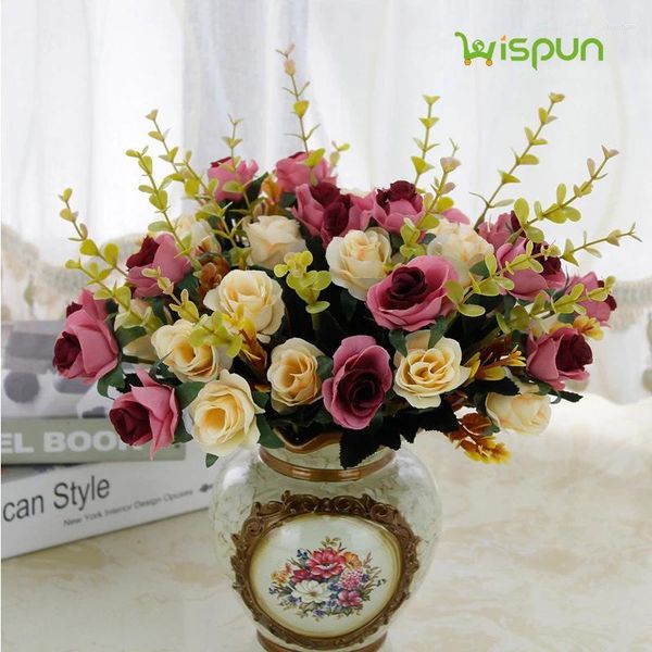 Fleurs décoratives 12 têtes Roses Bouquet de fleurs artificielles de style européen Décoration de la maison Fake