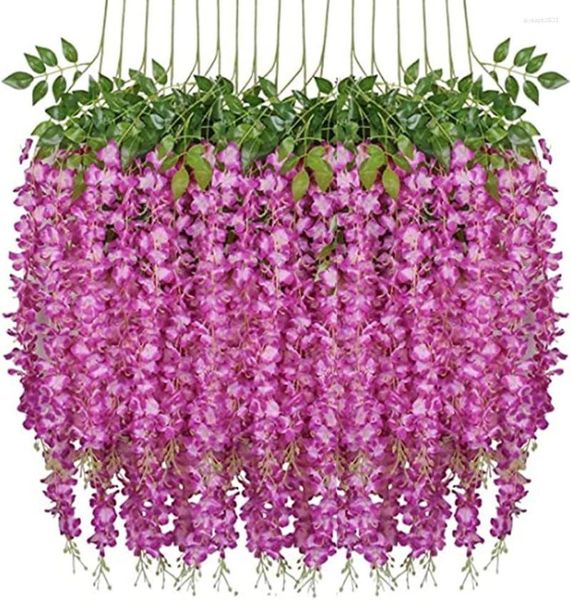 Flores decorativas, paquete de 12, corona de vid de glicina falsa de 3,6 pies, cadena de flores de seda, fiesta en el jardín familiar, boda (rojo purpúreo)