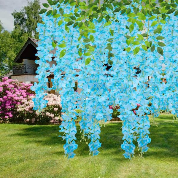Flores decorativas, paquete de 12, corona de vid de glicina falsa de 3,6 pies, cadena de flores de seda, decoración de boda para fiesta de jardín familiar (azul)