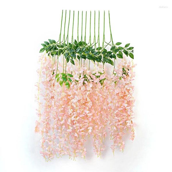 Flores decorativas 12 PCS Artificial Fake Wisteria Vine Rattan colgante Garra de seda Cadena de seda 110 cm Decoración de bodas de color rosa claro