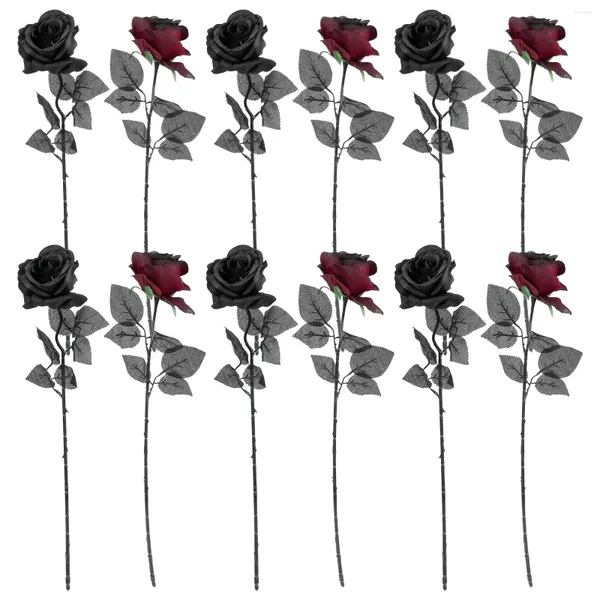 Fleurs décoratives 12 PCS Fleur artificielle Black Rose Bride Silk Bouquet Faux Halloween Propoute