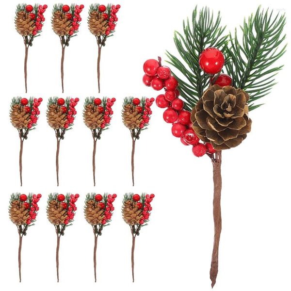 Fleurs décoratives 12 pièces brosses à ongles en pomme de pin artificielle brindille tige cônes Branches plante tiges florales aiguilles vertes mousse décoration de bureau