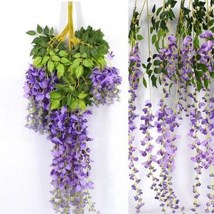 Decoratieve bloemen 12 stuks kunstmatige blauweregen klimop hangende wijnstok faux zijden bloemenslinger paars voor bruiloft feest tuin buiten groen