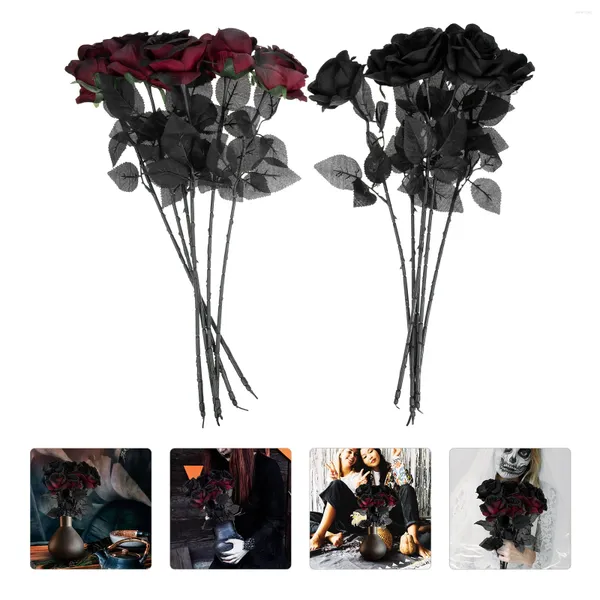 Flores decorativas 12 piezas Rosa Negra Decoración de Halloween Accesorio de habitación Rosas Decoración de jardín Adorno de seda de flores