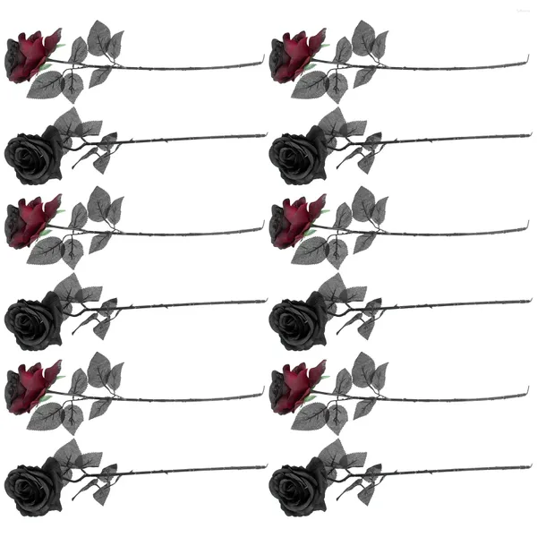 Flores decorativas 12 piezas Decoraciones de boda de rosas negras Simuladas de imitación Halloween Horrible novia de seda