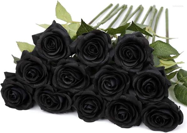 Fleurs décoratives 12 Pcs Roses Noires Décorations de Fête Artificielles Faux Soie Faux Pétale Floral