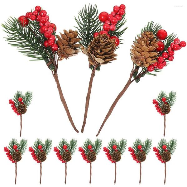 Flores decorativas 12 piezas árboles de Navidad cono de pino artificial selecciones de flores decoración de plantas ramita de frutos rojos corte de tallo agujas verdes falsas