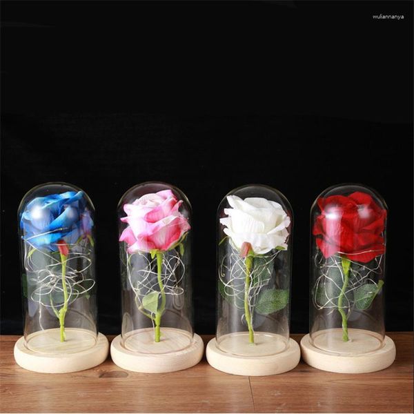 Flores decorativas, 12 Uds., cúpula de cristal de flor de Rosa eterna, luz LED para cumpleaños, Día de la madre, regalo de aniversario de San Valentín, decoración del hogar