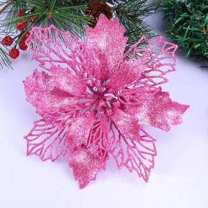 Decoratieve bloemen 12 pc's glitter poinsettia holle kunstmatige kerst ornamenten Xmas Tree hangend (roze)