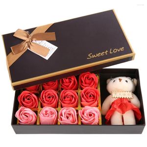 Fleurs décoratives 12 roses, savon, ours en peluche, cadeau romantique de saint-valentin, avec boîte, décoration de fête de mariage