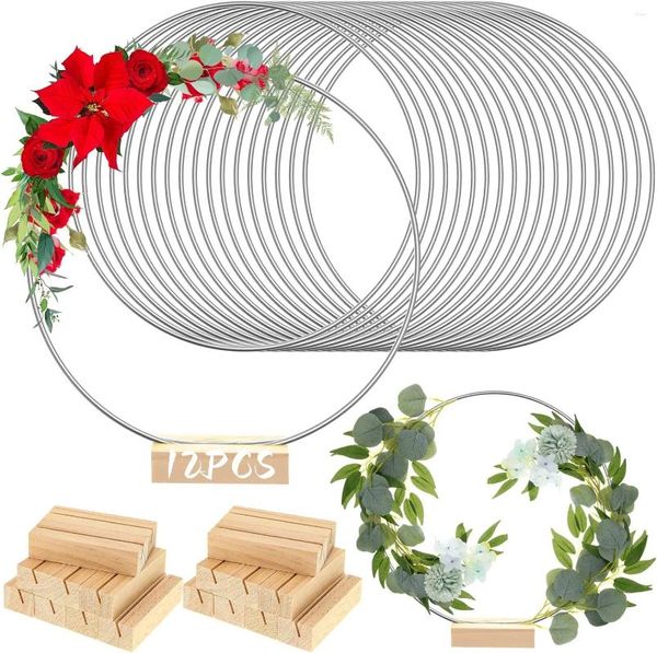 Fleurs décoratives 12Pack 12 pouces cerceau floral pièce maîtresse de table en métal argenté couronne anneau support macramé pour bricolage maison noël mariage