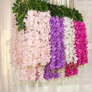 Decoratieve bloemen 12 stks 45 inch Wisteria Artificial Flower Silk Vine slinger ophangen voor bruiloftsfeest tuin buiten groene kantoor muur