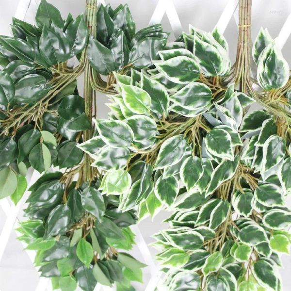 Flores decorativas 12 piezas 60 cm hojas verdes seda artificial blanco árbol de Banyan hoja planta rama hogar boda jardín telón de fondo colgante de pared