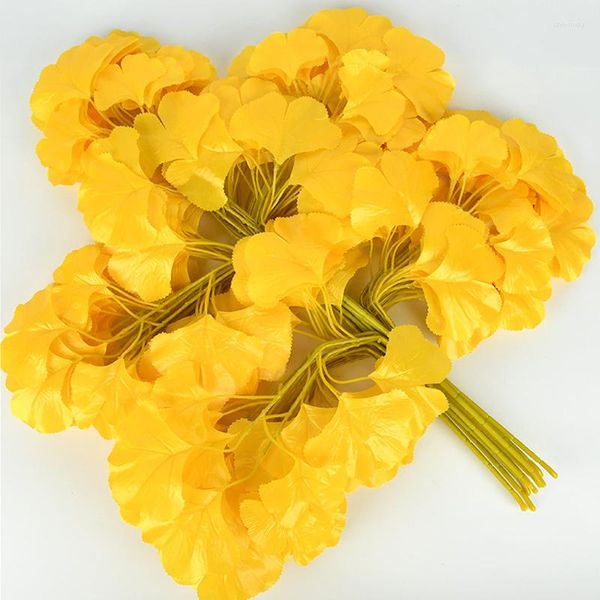 Fleurs décoratives 12 pièces feuilles de Ginkgo artificielles plantes en soie fausse branche en plastique automne jaune feuille Bouquet pour la maison mariage bricolage décor