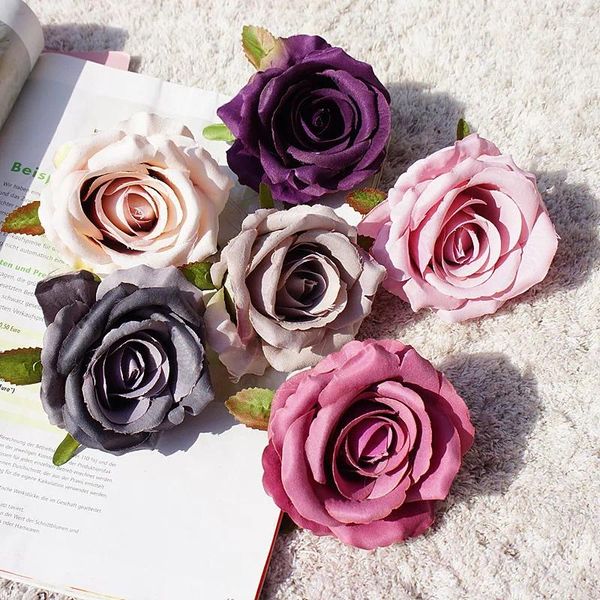 Flores decorativas 12 Uds. Cabeza de flor de rosa italiana artificial 9,5 CM vestido de flores de boda hecho a mano DIY