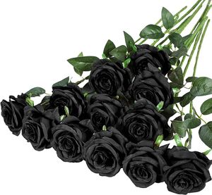 Flores decorativas 12PCS Seda artificial Ramo de rosas realistas Tallo largo para el hogar Decoración de la boda Fiesta (12PCS-Black)