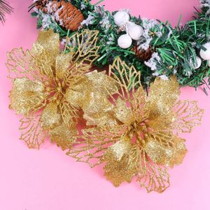 Decoratieve Bloemen 12 Stuks Kerst Glitter Poinsettia Kerst Kransen Garland Vakantie Decoratie (Gouden)