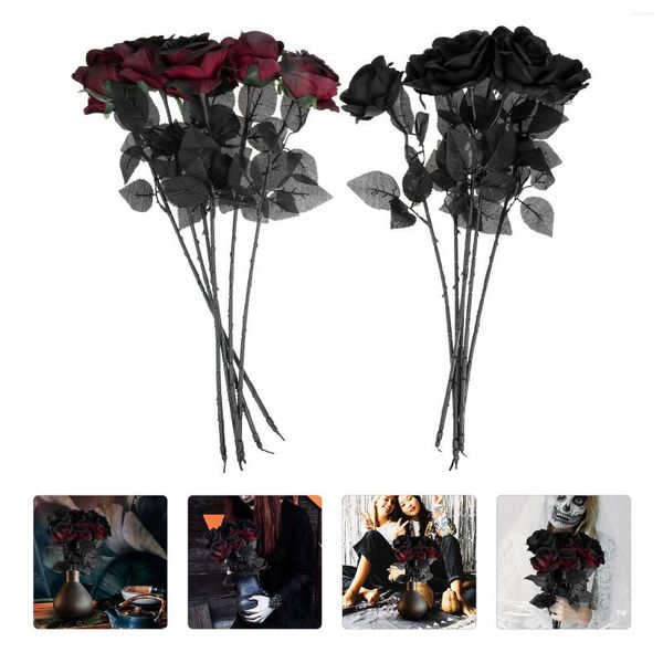 Fleurs décoratives 12pcs Décor Cadeaux Bouquet De Mariage Jardin Roses Noires Maison Artificielle Pour Halloween
