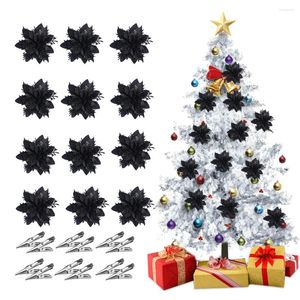 Decoratieve bloemen 12 stks Glitter Zwart kunstmatige kunstmatige kerstboom ornamenten nepbloem hanger Xmas feest huisdecoraties