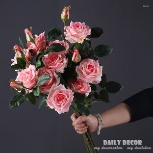 Fleurs décoratives 12 pièces/lot! Roses artificielles en Latex, 3 têtes, Simulation haute, toucher réel, bouquet de roses de mariage, vente en gros