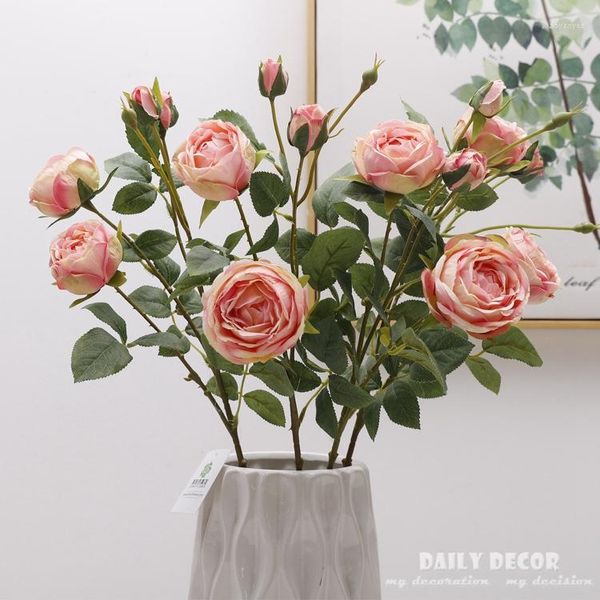 Fleurs décoratives 12 pièces/lot! Vente en gros 4 têtes artificielle thé Rose branche fausse soie de mariage pour la décoration de la maison