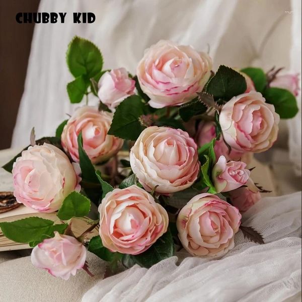 Flores decorativas 12 piezas / lote!Al por mayor bonito 3 cabezas pequeñas rosas falsas rosa casera de seda flor artificial