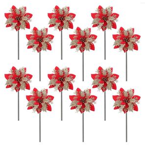 Flores decorativas 12 piezas multifuncionales con tallo Banquete de boda Poinsettia artificial Árbol de Navidad Faux Glitter Flower Centerpieces Home