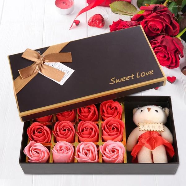 Flores decorativas 12 piezas Flor de jabón de rosa con caja de lujoso Día de San Valentín Cumple a la madre Regalo romántico