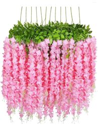 Decoratieve bloemen 12 stks Wisteria kunstmatige nep bloem bossige wijnstok ratta hangende slinger voor trouwhuis muur decor roze