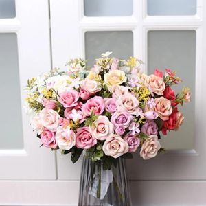 Roses artificielles décoratives Vintage, 13 têtes, 30cm, arrangements floraux, artisanat floral, Mini Bouquet en soie avec tiges