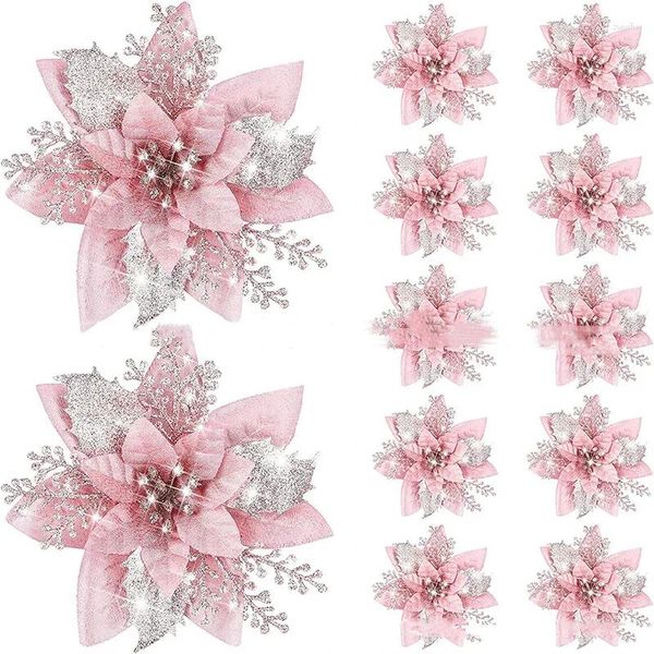 Fleurs décoratives 14.5cm 5 pièces fleur de noël rose arbre de noël joyeux décor pour la maison couronne porte fenêtre