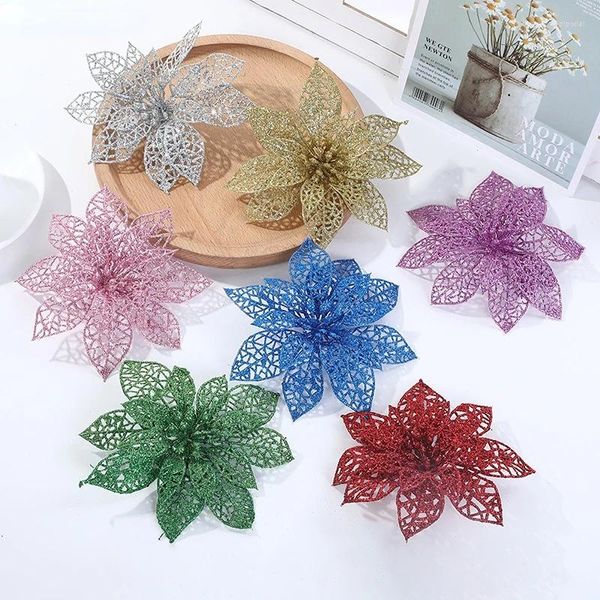 Fleurs décoratives 14cm 5/10 Pièces Paillettes Têtes De Fleurs Artificielles Décorations D'arbre De Noël Ornement De Noël Décor Fausse Baie