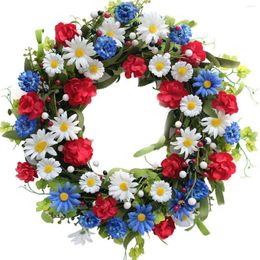 Decoratieve bloemen 15,75 inch Amerikaanse patriottische krans voor voordeur Vierde juli Independence Day Red Wit en Blue Reel Feel Filler