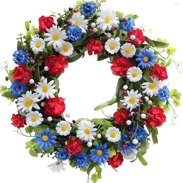 Fleurs décoratives 15,75 pouces couronne patriotique américaine pour porte d'entrée 4 juillet Jour de l'indépendance rouge blanc et bleu Reel Feel Filler